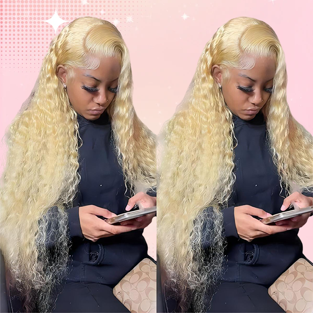613# Blond Deep Curly Hair Bundles 12A Grad 