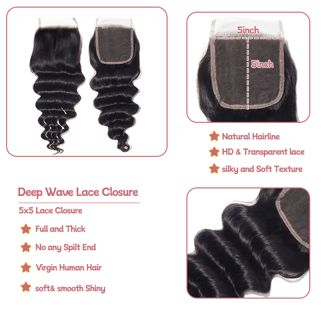 5*5 spetsstängning Deep Wave HD spets & transparent spets
